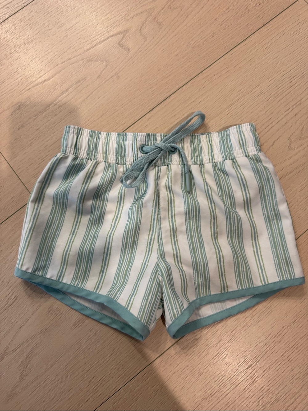 Minnow x Sister Parish Kids' Striped Swim Trunks in Light Green and White | 3/4T